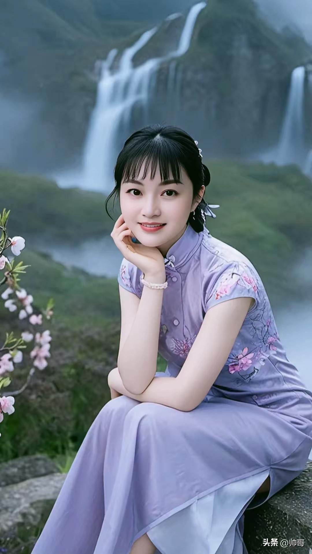 这姑娘坐在瀑布旁，真美啊！