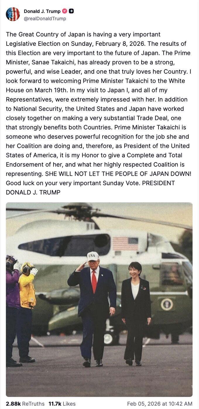特朗普周四在社交媒体上发表声明，公开背书日本首相高市早苗及其执政联盟，称日本将于