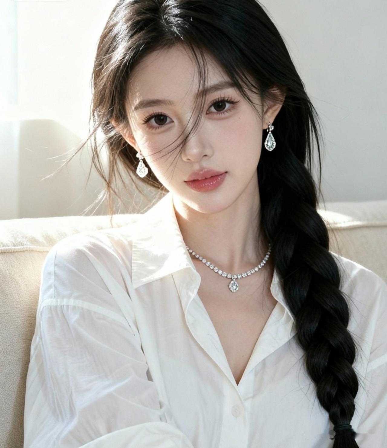长发美女穿白衬衫，戴珍珠项链。