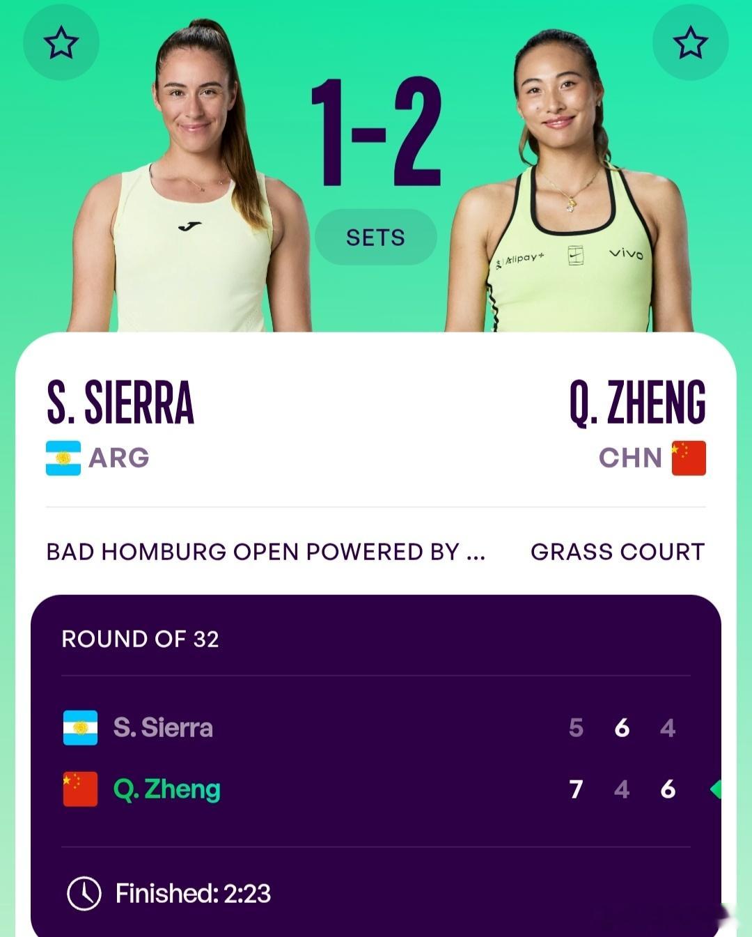 WTA500巴特洪堡站🇩🇪女单第1轮持外卡参赛的郑钦文🇨🇳7-5/4-6
