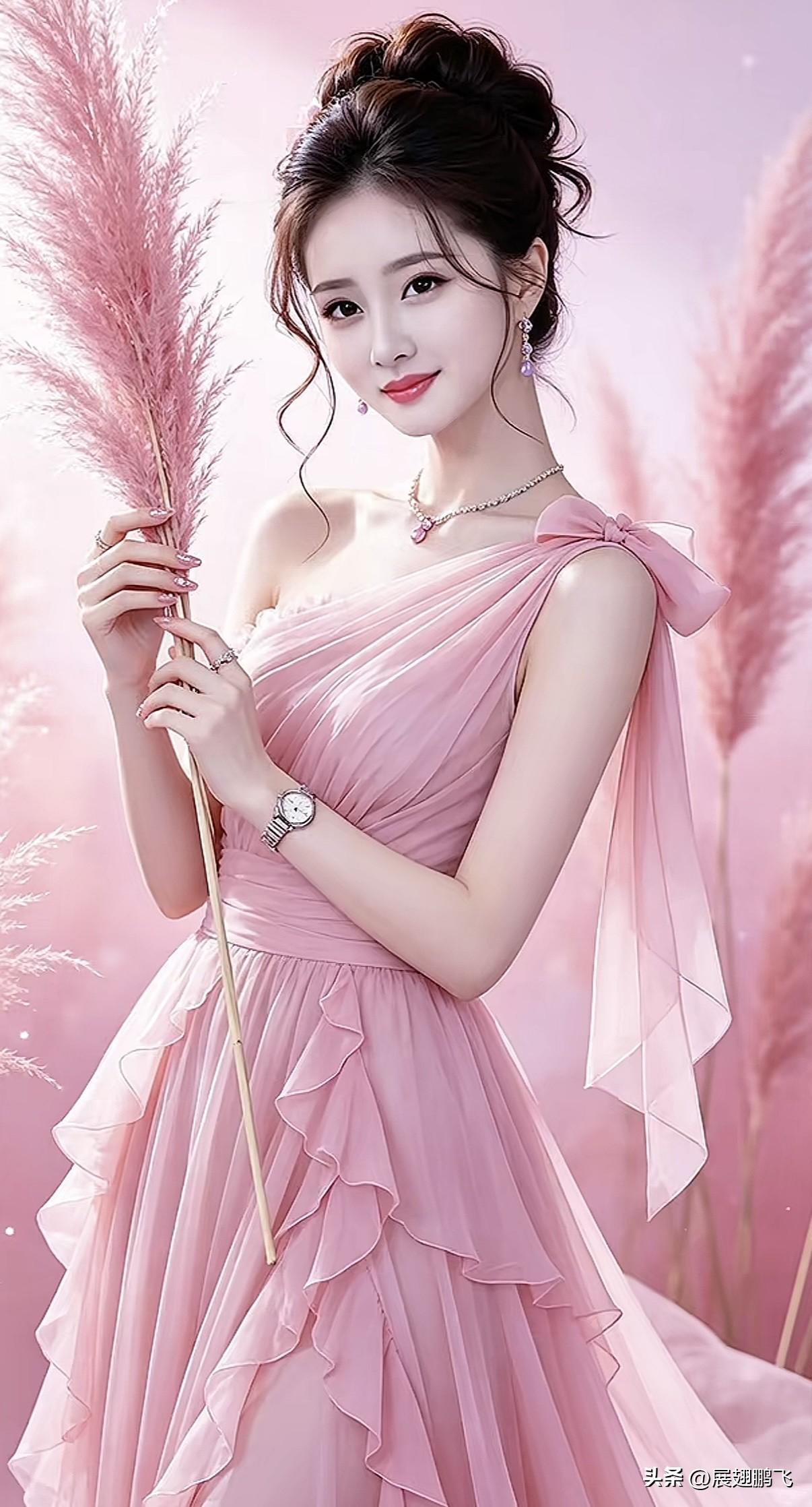 粉色梦幻少女，手持羽毛，甜美动人紫色梦幻少女 粉紫色系美女 温柔粉裙少女 粉紫色