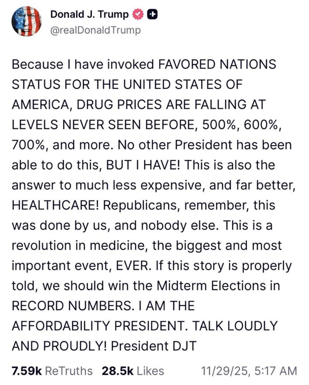 特朗普宣布美国药价已经下降500%，600%、700%……说以前从没有总统能够做