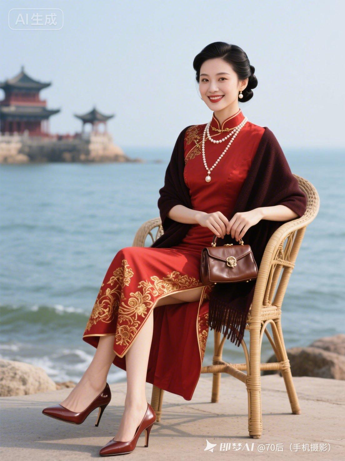 海边的优雅时光，红衣美人与海浪共舞！