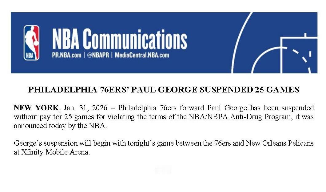 NBA今日宣布，费城76人队前锋保罗乔治因违反NBA/NBPA（球员工会）禁药的