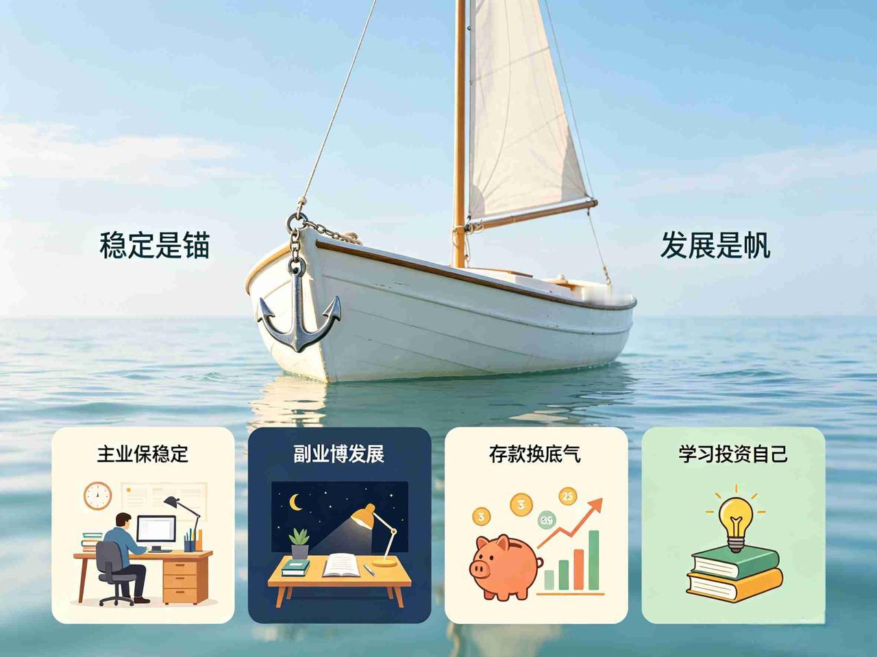 稳定是锚，发展是帆。年轻时总以为折腾才有未来，后来才懂——没有锚的船容易翻，没有