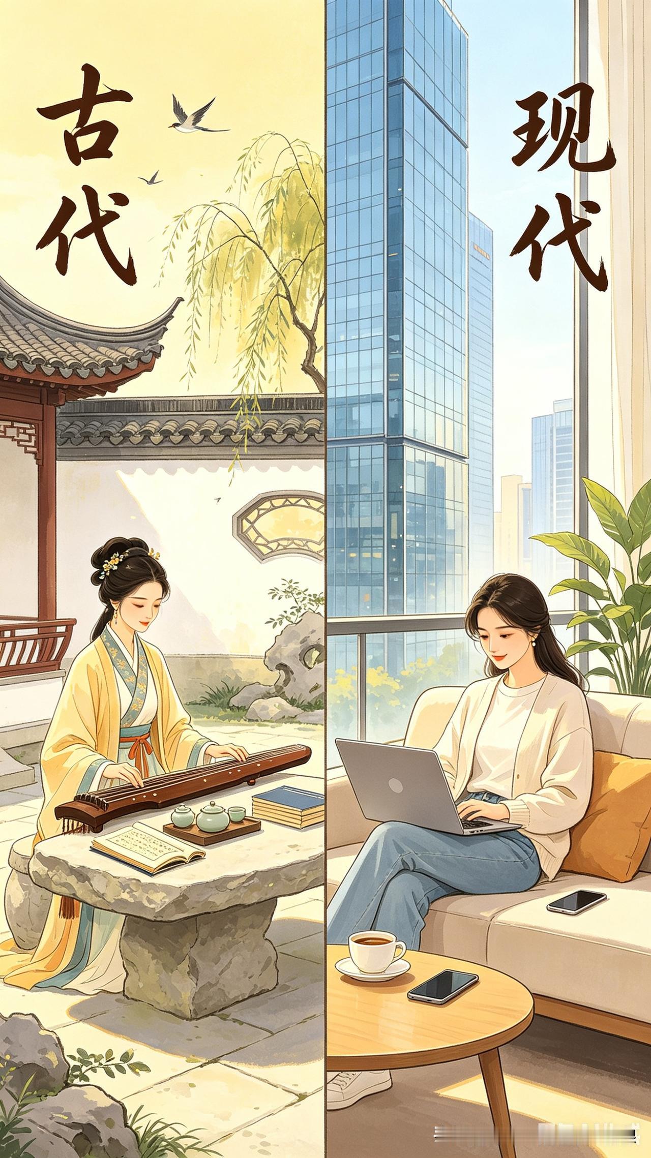我反倒更喜欢古代。不用天天被工作压得喘不过气，不用被房贷车贷捆住手脚，没那么多勾