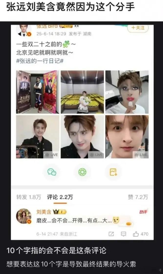 刘美含和张远分手的原因有点子离谱刘美含发文的15年，是俩人认识了15年，10个字