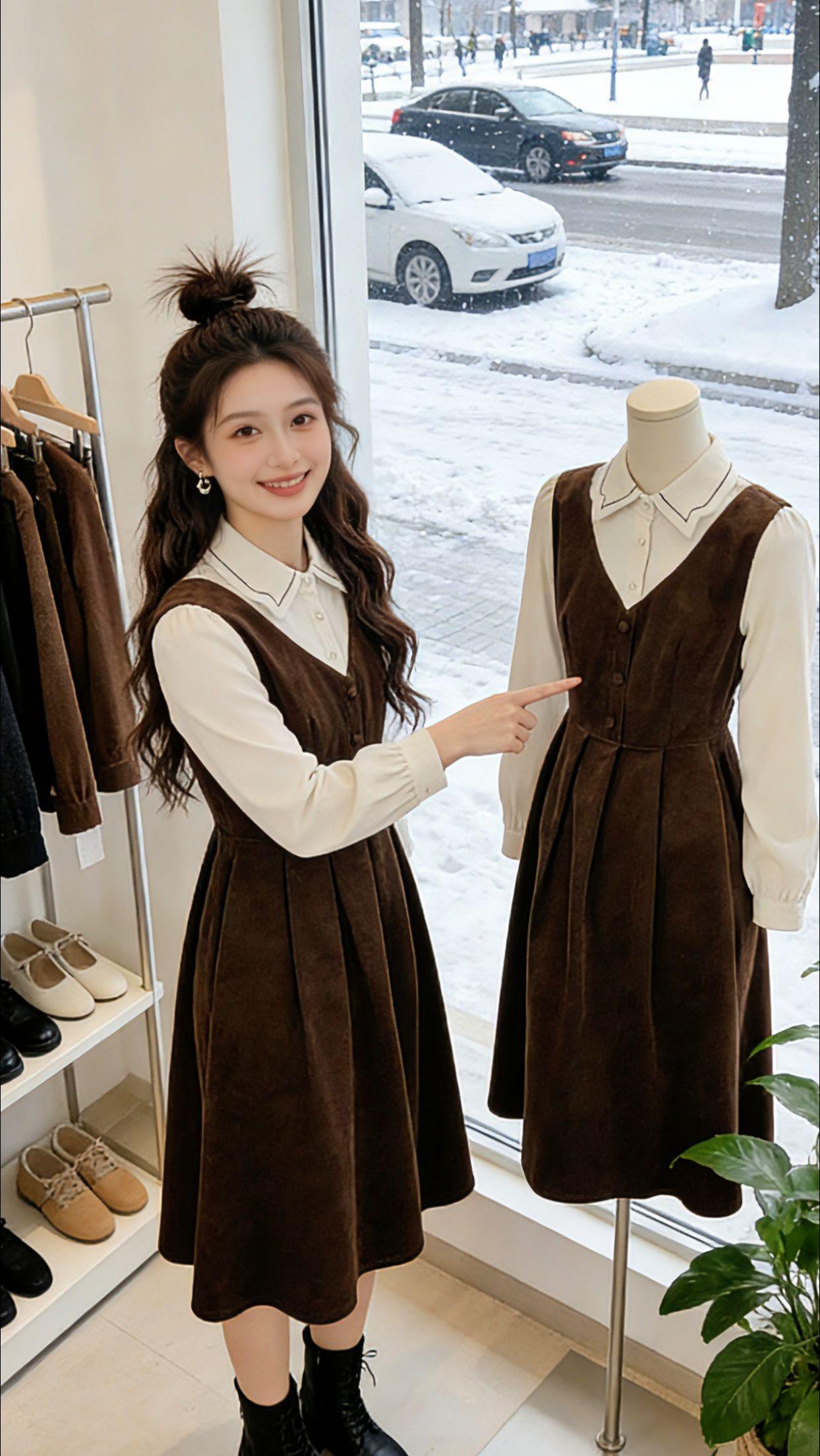 158cm/120斤的Danny，冬日通勤总愁穿得臃肿没型。这件学院风假两件连衣