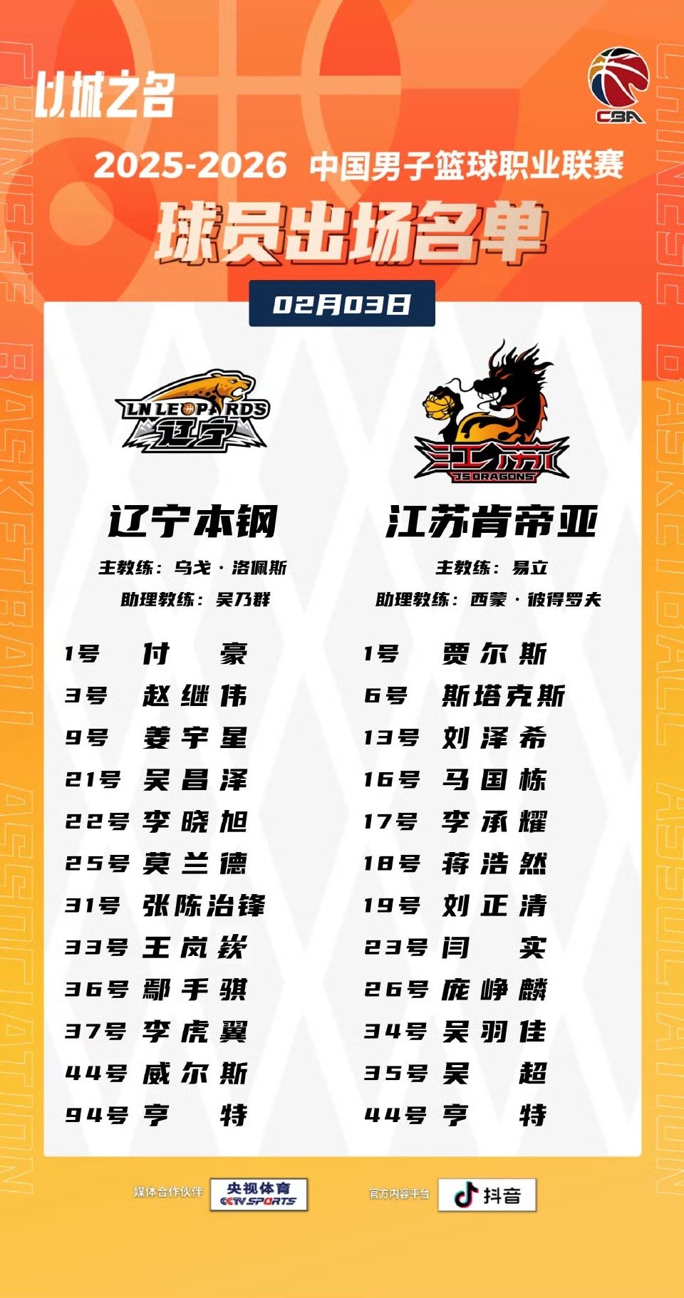 亨特德比大名单。辽宁男篮vs江苏男篮