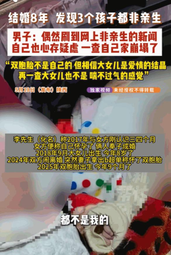 5月18日报道，陕西，韦先生因妻子行踪反常，偷偷给2个不满1岁的双胞胎女儿做了鉴