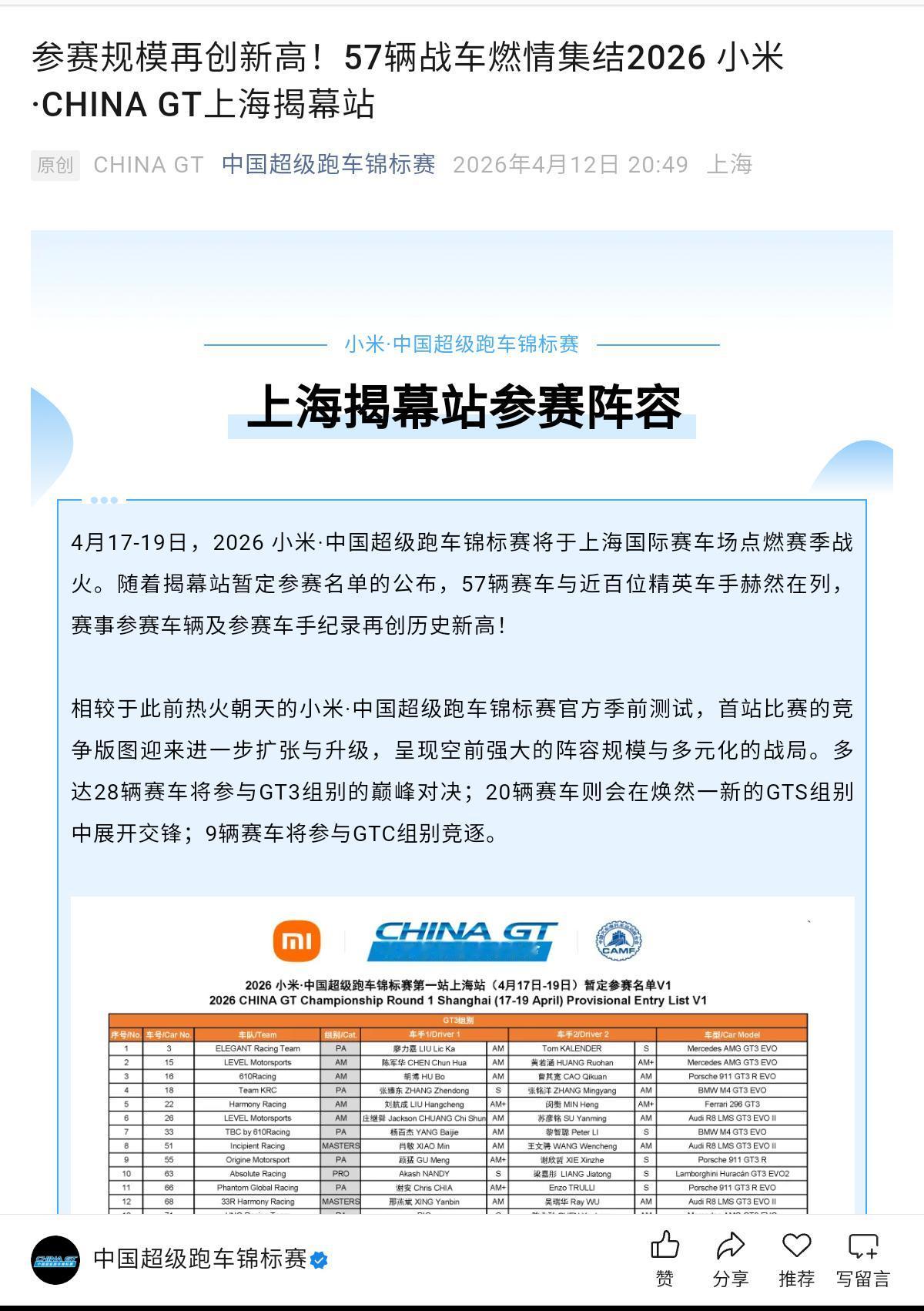CHINA GT上海揭幕站阵容规模又双叒叕再创新高，57辆赛车！GT3组别28辆