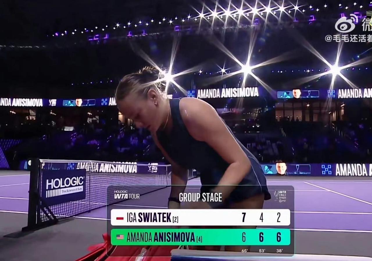 阿尼西莫娃3盘6-7/6-4/6-2逆转斯瓦泰克，晋级年终4强。收获400分，1