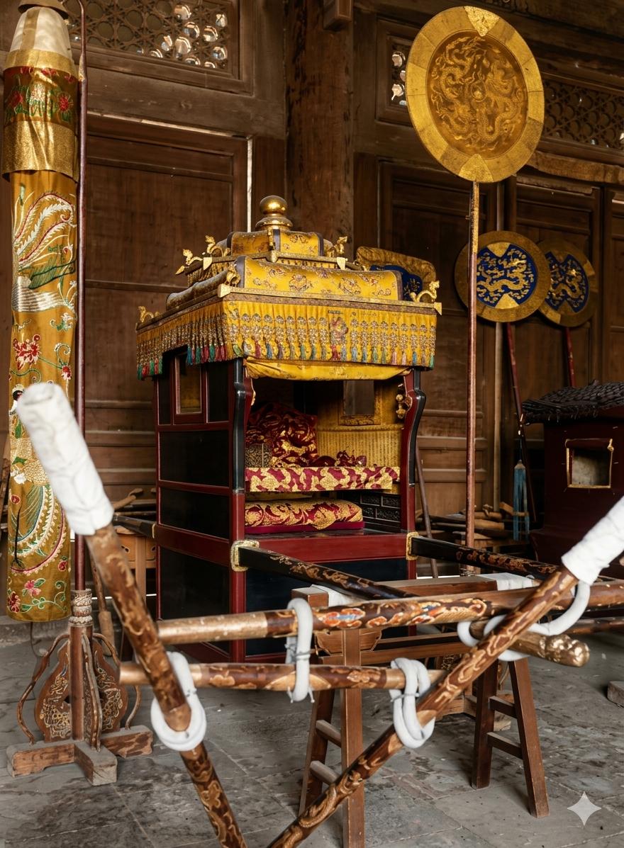 这是清代皇家卤簿仪仗中的帝后仪轿（銮驾）真实样子
照片里的仪轿，轿身覆有帷幔，轿