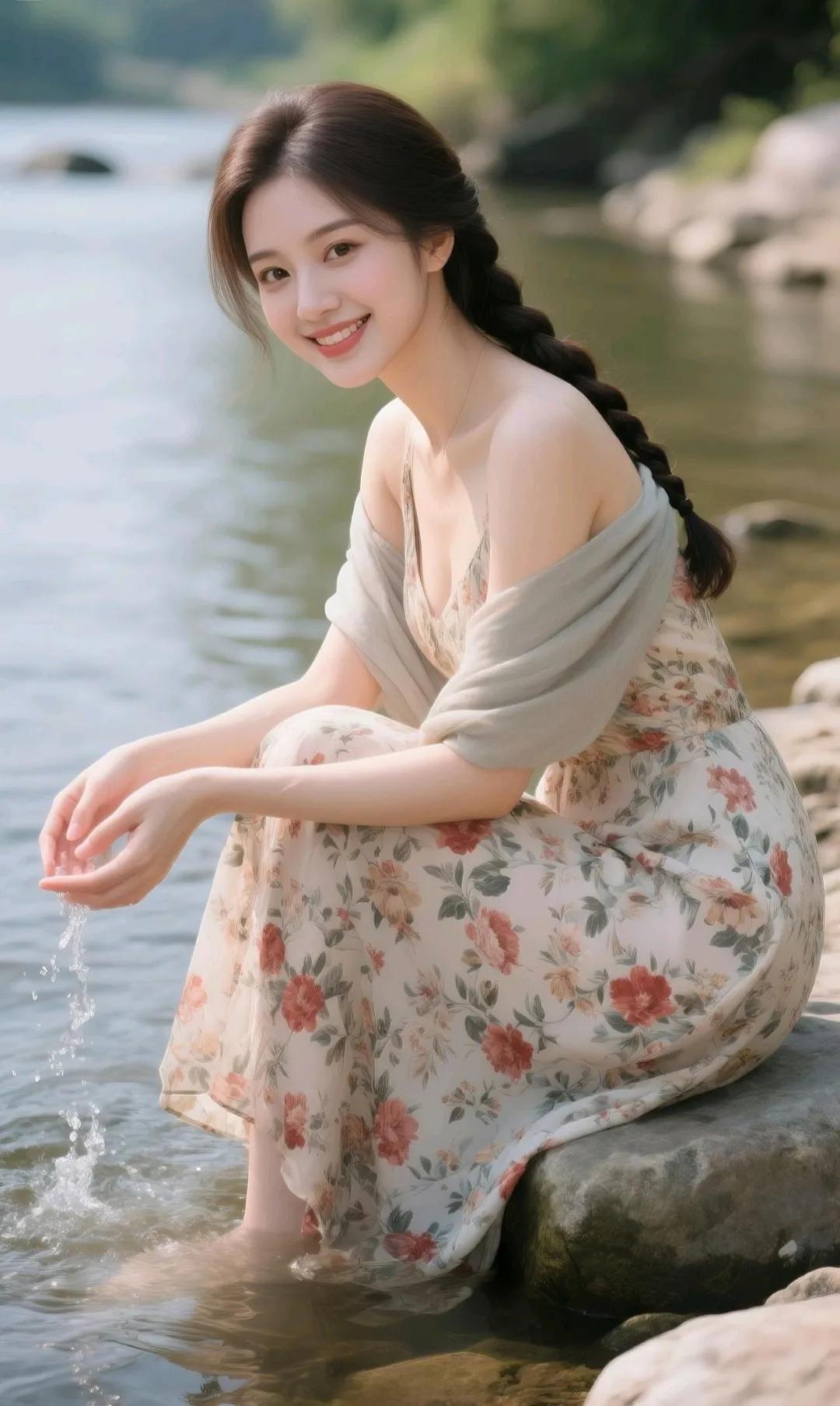 夏日河畔，少女轻抚流水，笑靥如花。