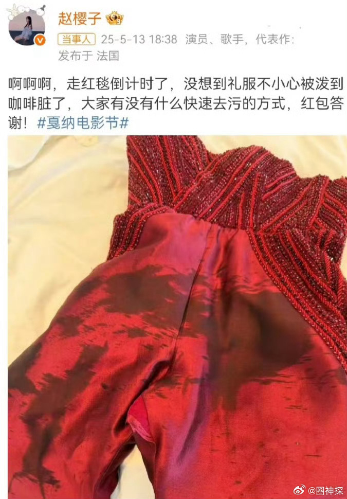 赵樱子戛纳礼服脏了发文求助 这是在干什么❓ ​​​