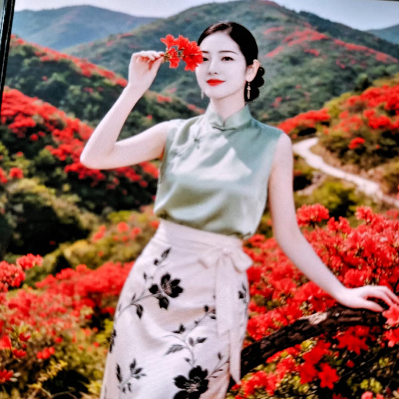 红叶映山川，美人花间立，岁月静好。
