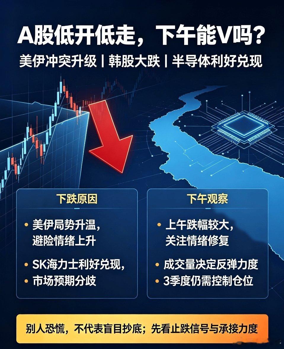 美伊冲突升级,韩股大跌,A股下午能V吗？没想到A股竟然低开低走,下跌原因是啥？下
