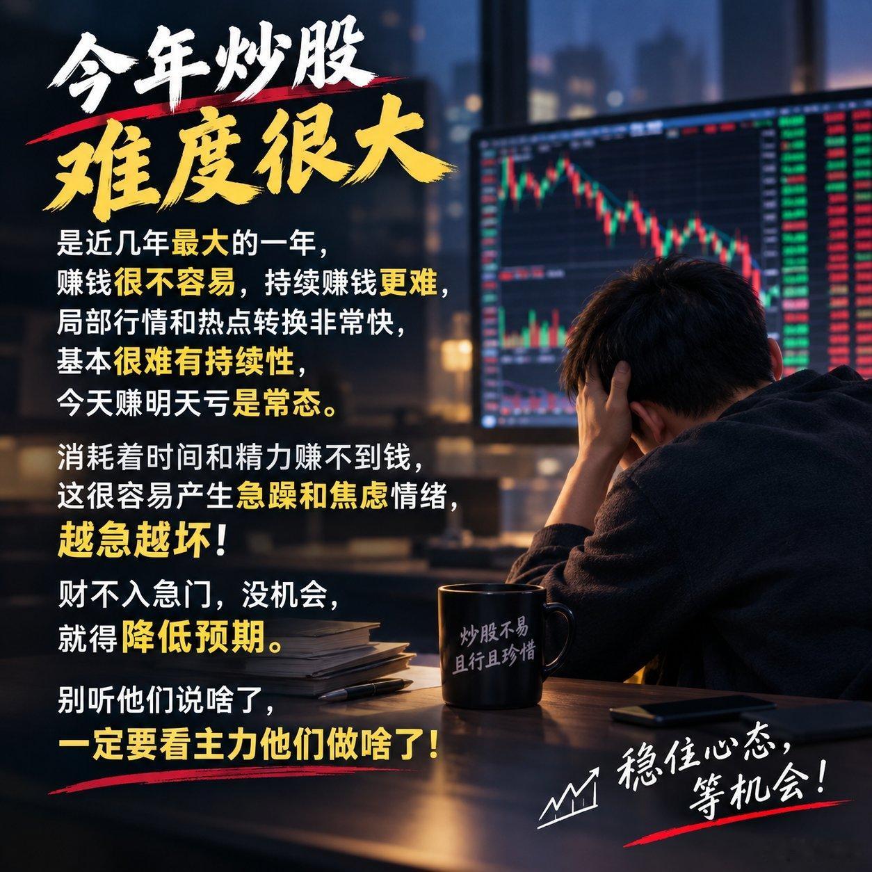 今年炒股很难，可是心态不能崩，要理解潮起潮落是常态，就像春夏秋冬，天气冷了要识得