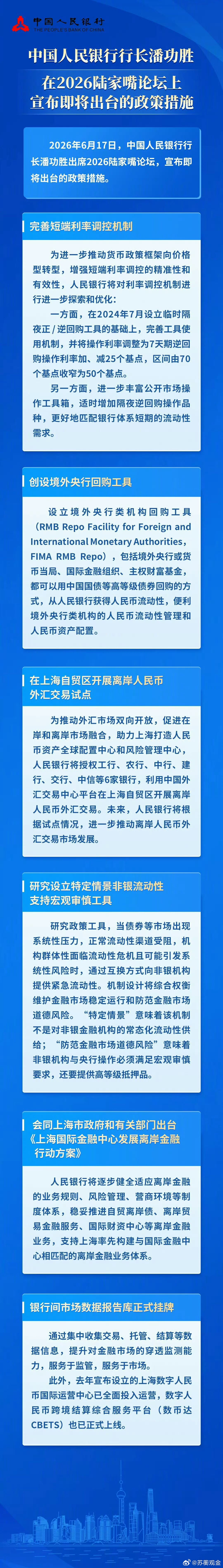 2026陆家嘴论坛央行政策重点1.上海自贸区离岸人民币试点：六大行境内交易，收回