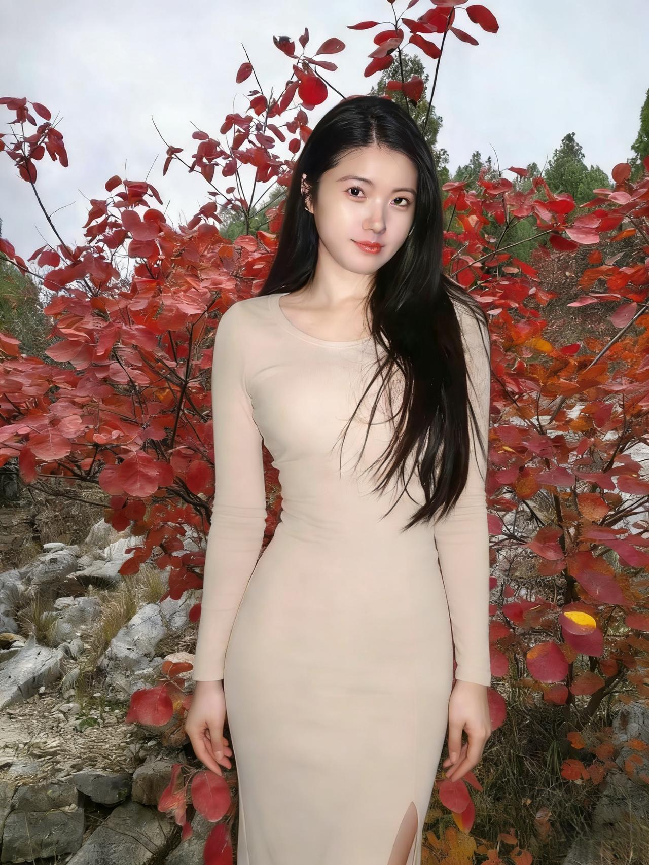 红叶攒林麓，幽姿立石涯。
裙轻承露气，发乱拂秋华。
野水明残照，寒山隐落霞。
凝