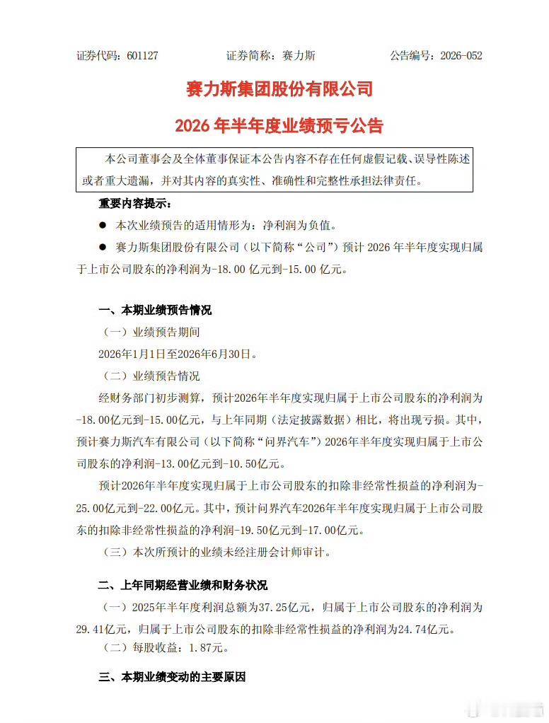 多家车企上半年大幅预亏唉，今年上半年汽车亏损的很多啊赛力斯（问界）亏15-18亿