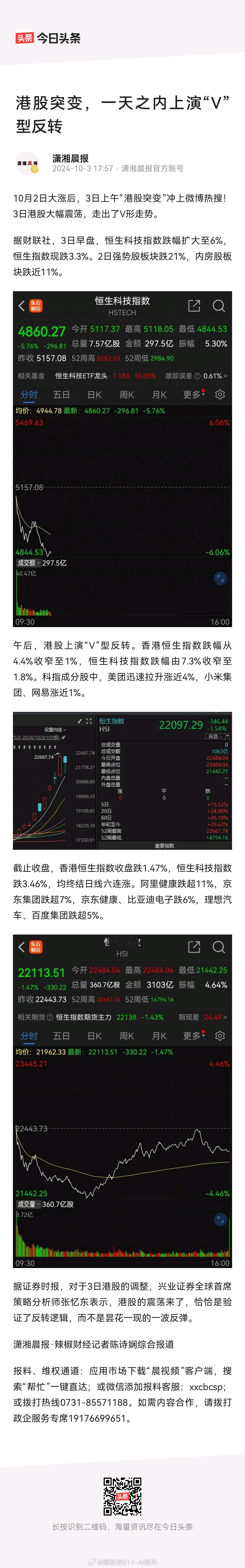 港股突变，一天之内上演“V”型反转 ​​​
