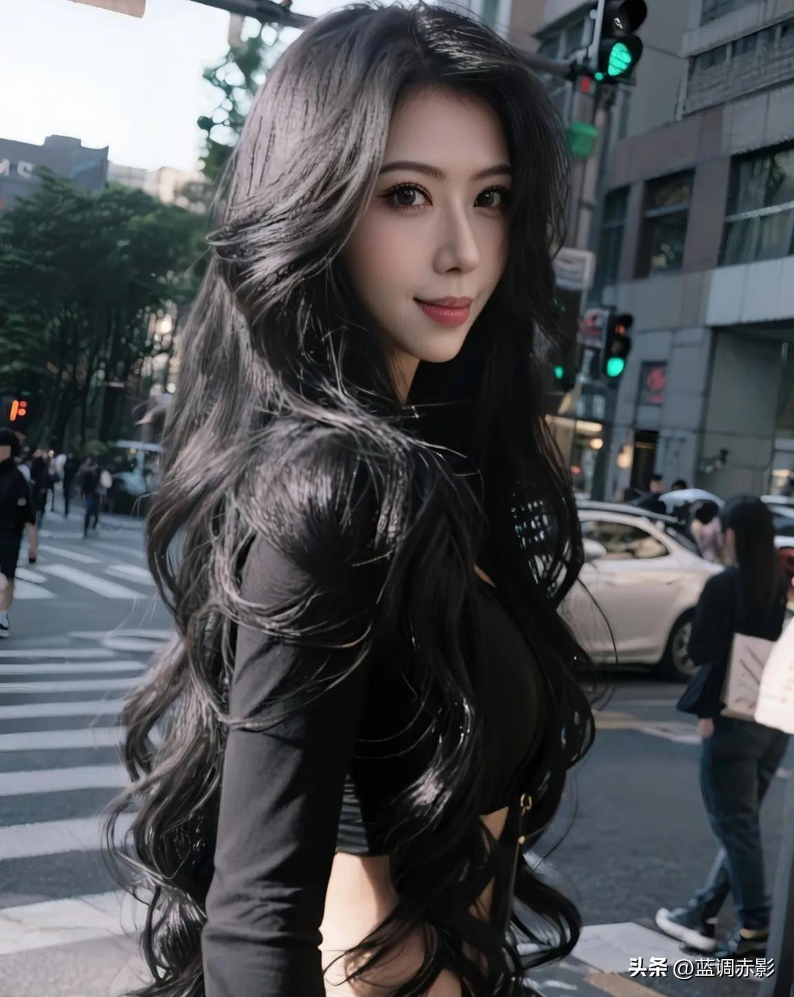 都市街头，黑发美女，自信微笑，时尚穿搭