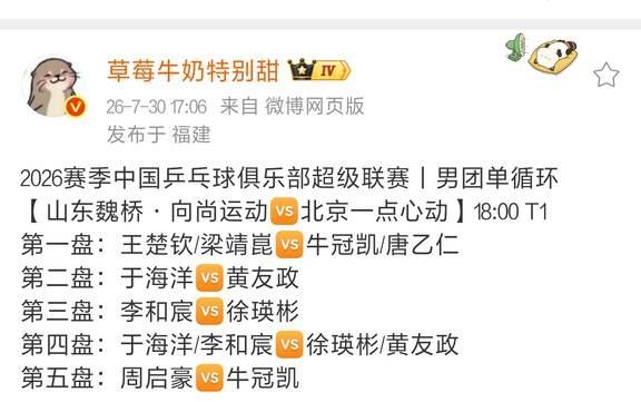 2026乒超丨T1 18点山东魏桥vs北京一点心动
楚钦只有第一盘双打！楚钦加油