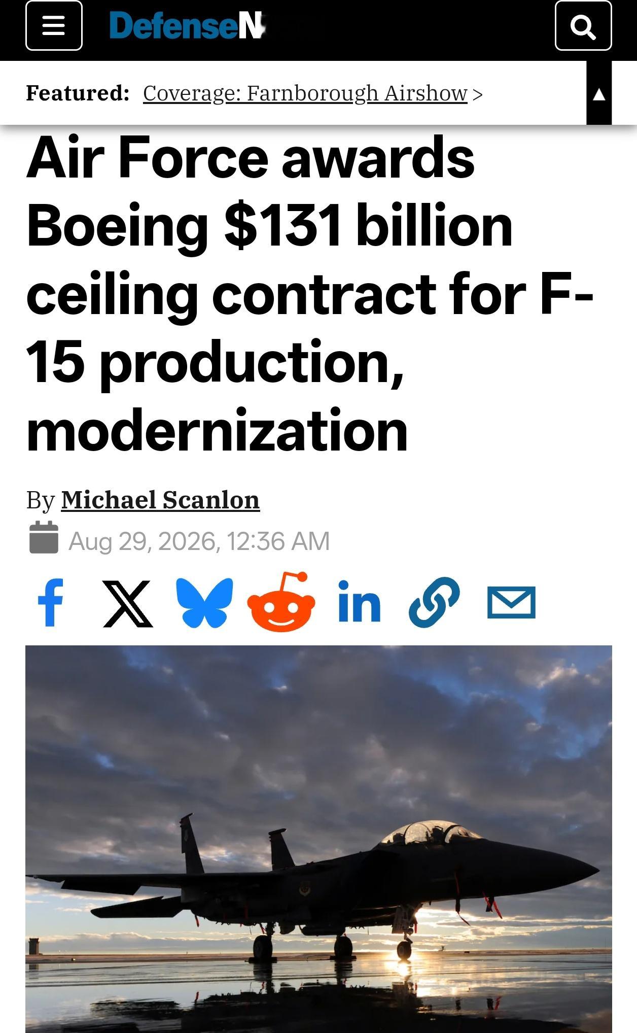 美国空军授予了波音公司一份价值 1312.3 亿美元的独家合同，用于为美国和外国