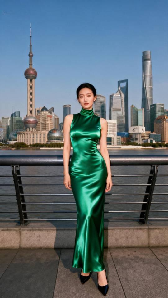 身穿绿色礼服长裙的女士站在上海外滩留影。晚礼服 旗袍