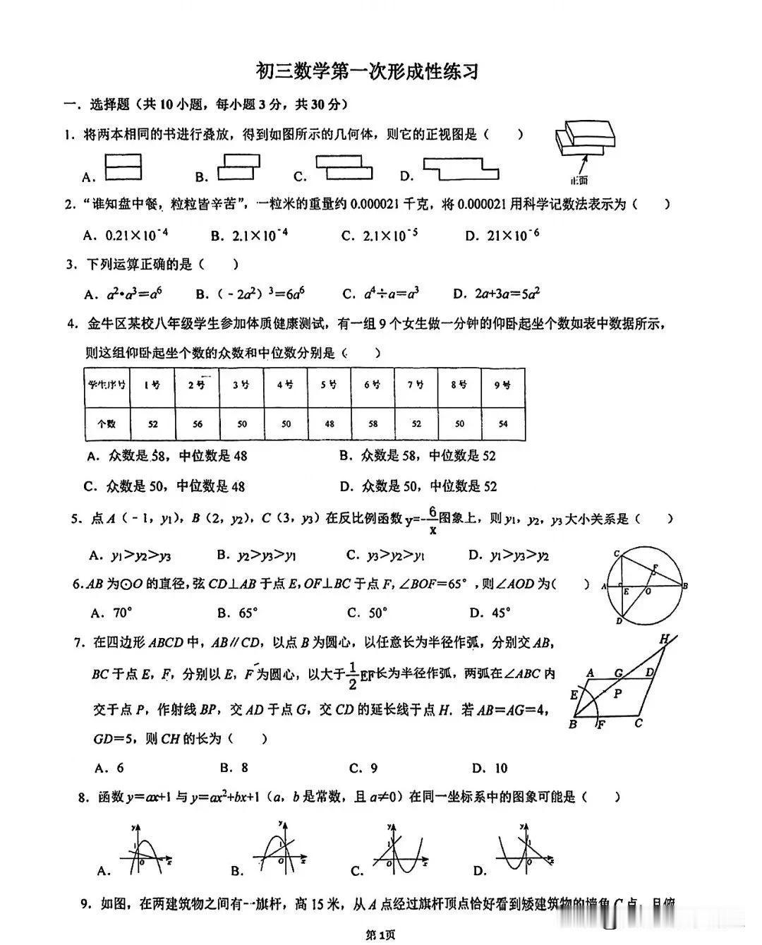 2024年3月红岭中学园岭校区数学月考试卷
这份试卷比深圳中考数学的难度大，第2