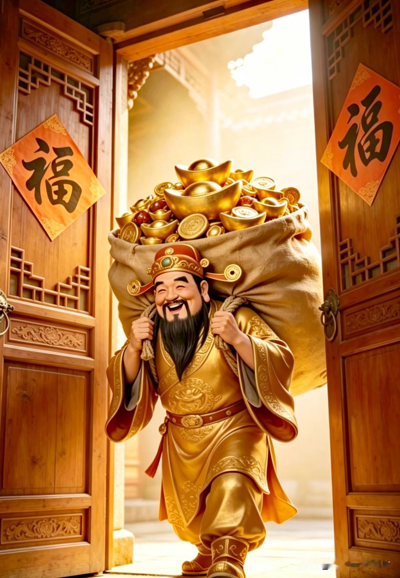 开门迎财神，财气进家门。
生活奔波，谁不盼一份安稳富足。
财神背着满袋金银踏门而