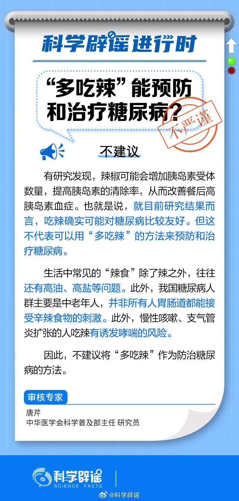 #科学辟谣进行时#【#多吃辣能预防和治疗糖尿病吗#？】就目前研究结果而言，吃辣确