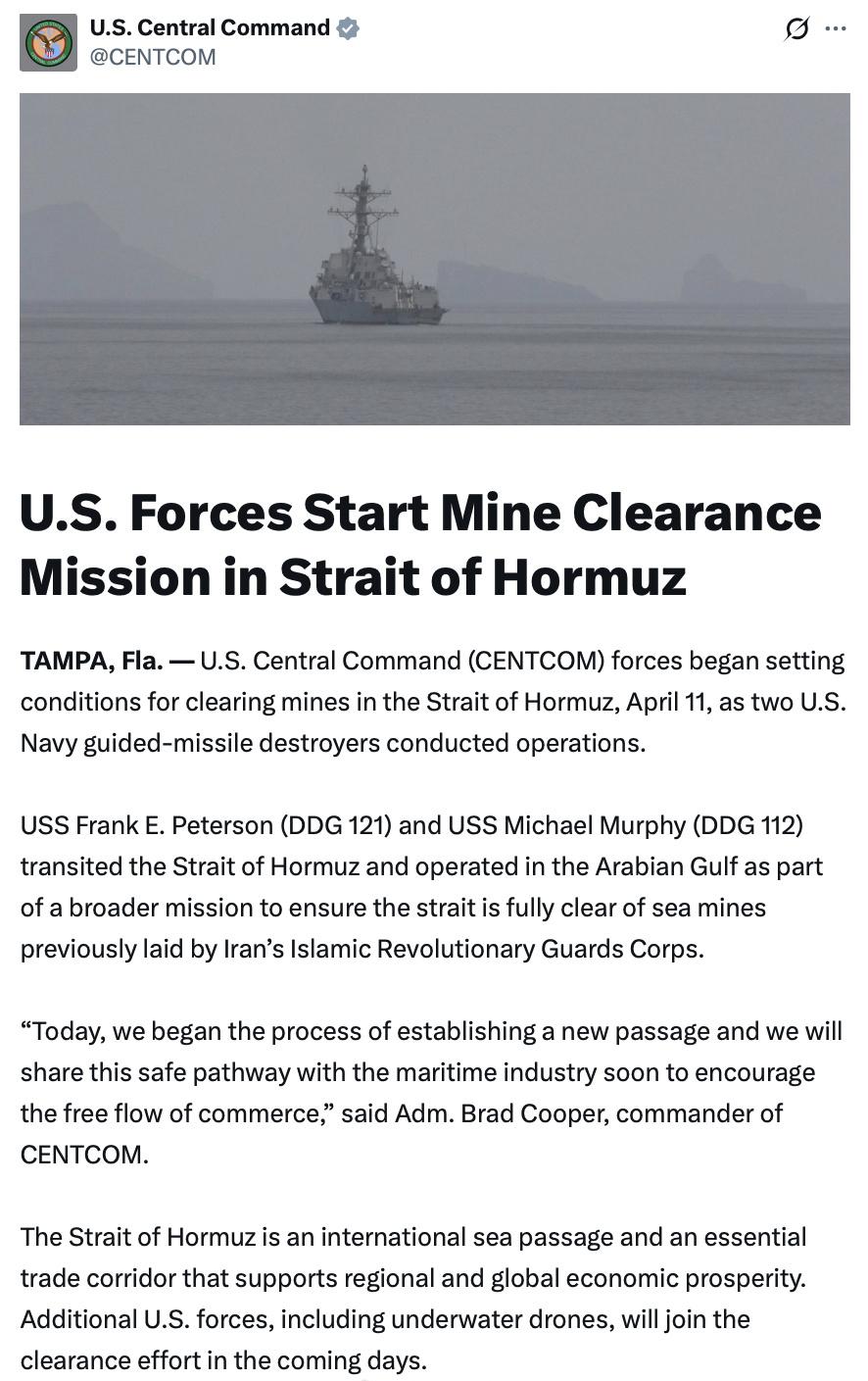 【琅河财经】刚刚：美国中央司令部（CENTCOM）官方发布公告确认，美军已正式启