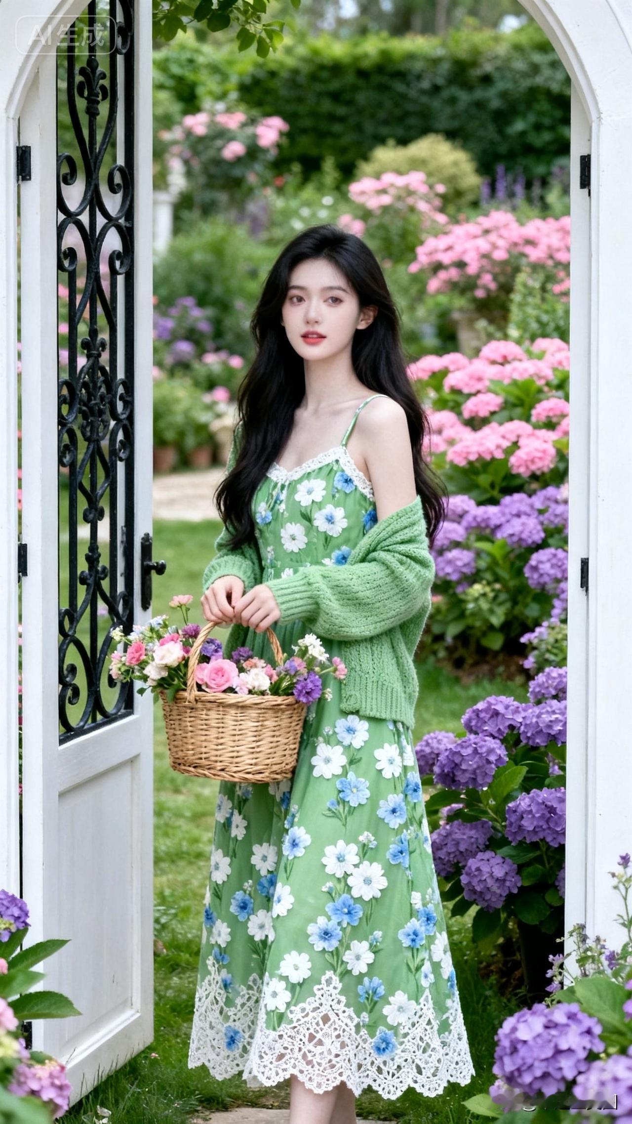 夏日花园里的少女，手捧花篮，清新自然