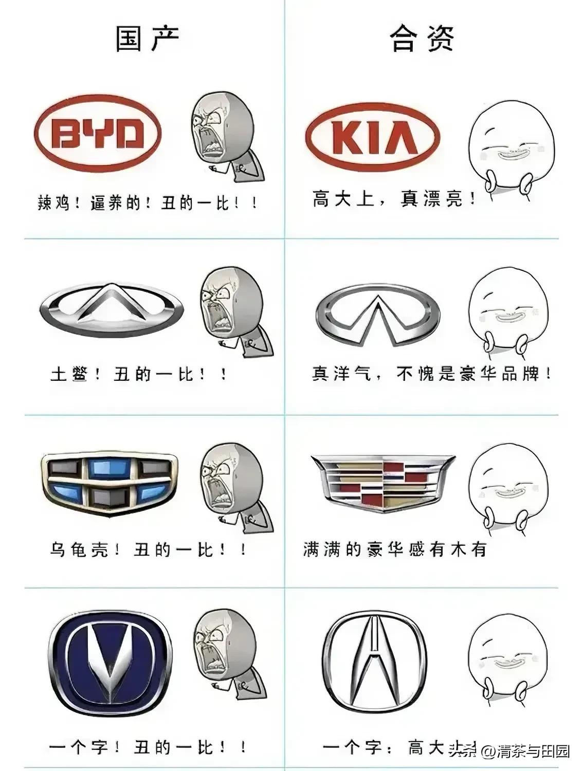 曾经国人眼里的国产车：
1、比亚迪
辣鸡！丑的一比！
2、奇瑞
土鳖！丑的一比！