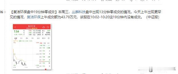 震惊！全天成交量140万，【复洁环保盘中19分钟零成交】  流动性危机下的个股何