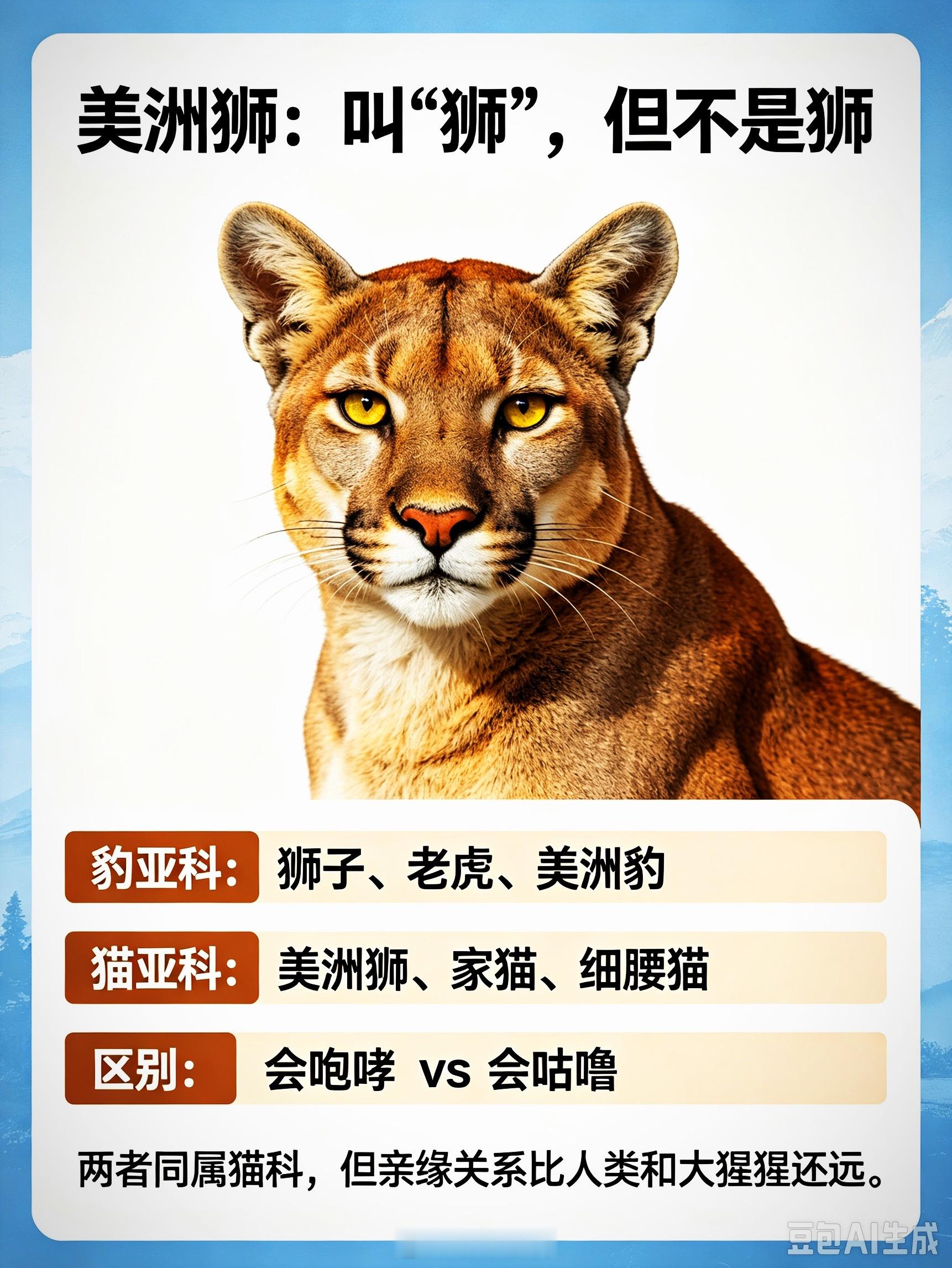美洲狮名字带“狮”，但它不是狮子。狮子属于豹亚科，和老虎、美洲豹是亲戚；美洲狮属