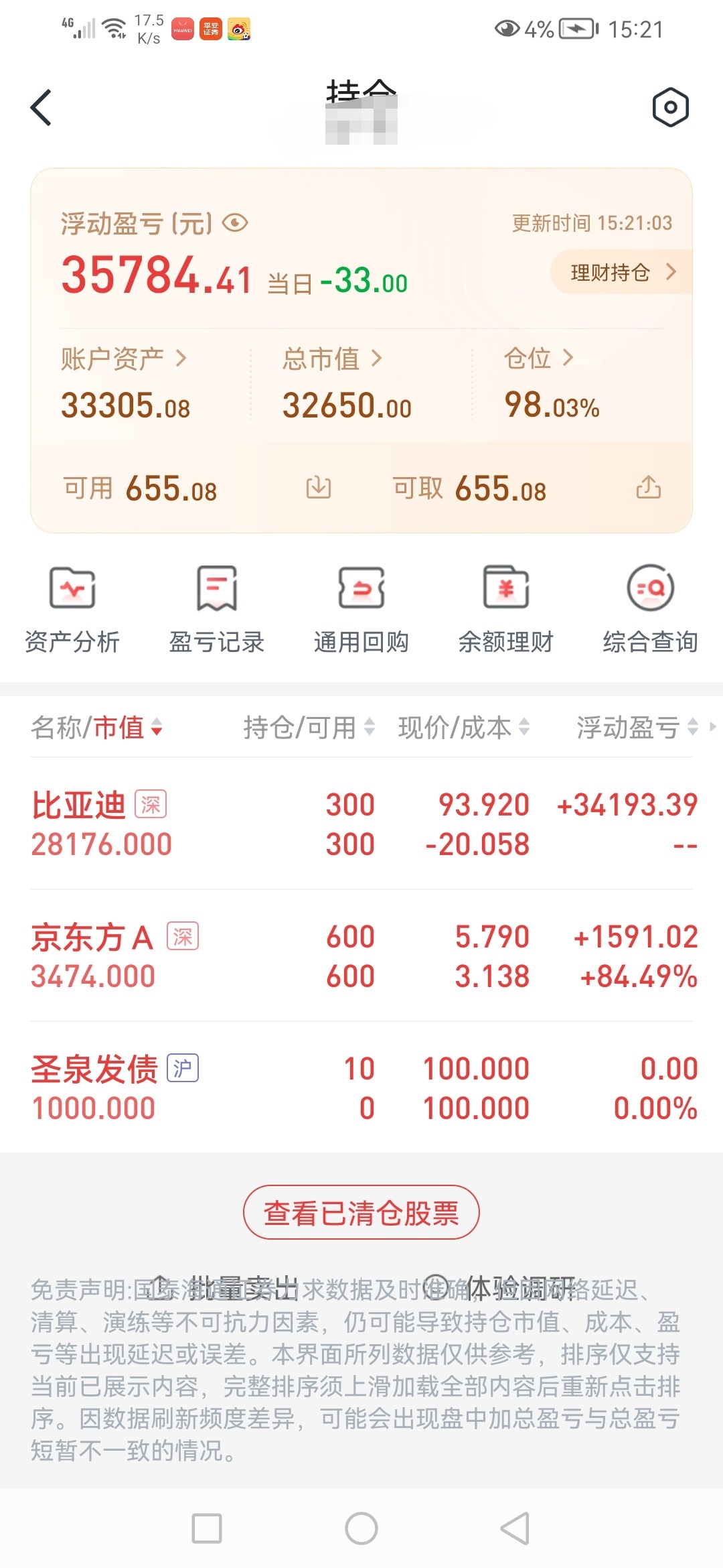 20260720星期一，账户净值842774元，浮亏9343元。今天银证转账44