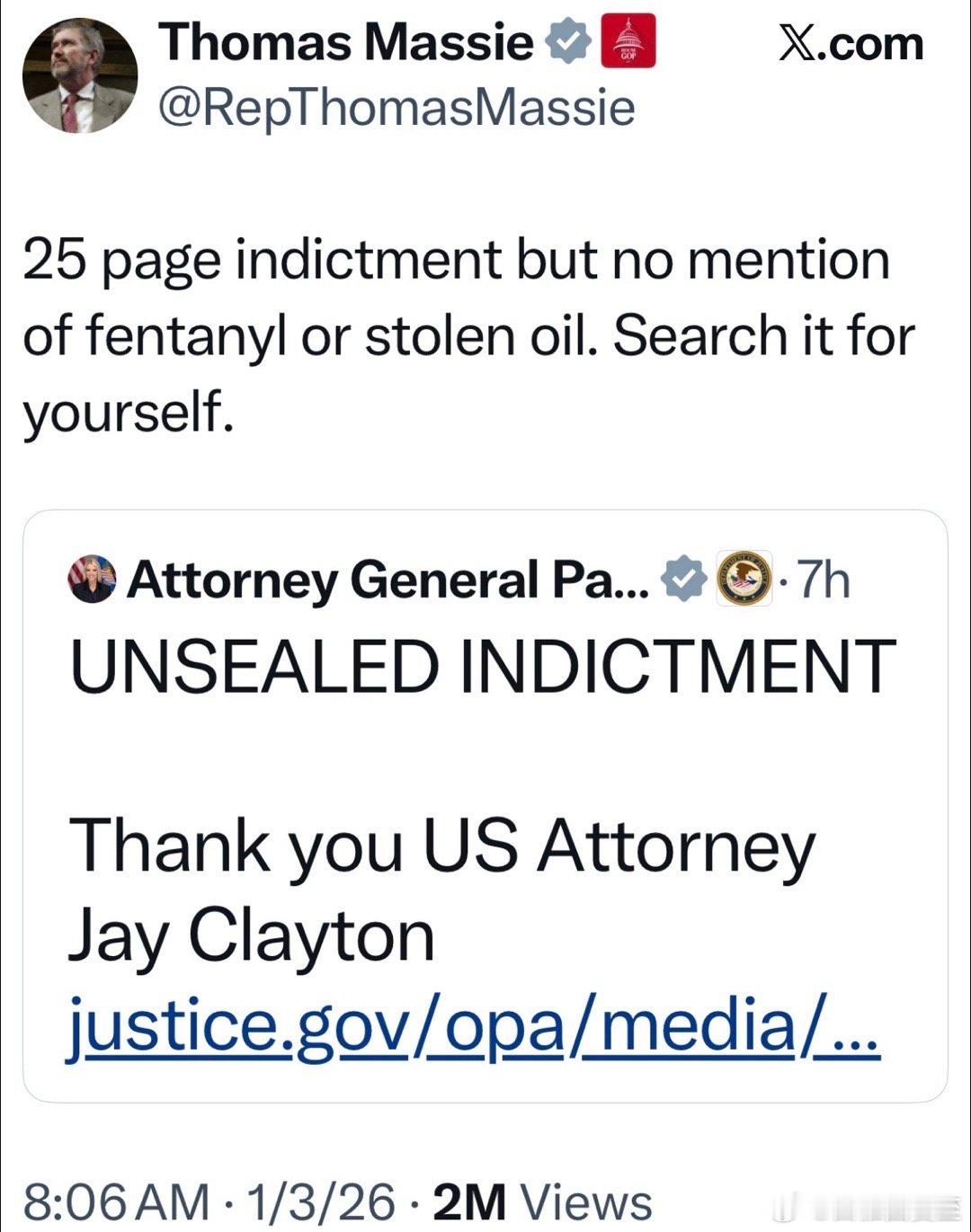 共和党众议员回应司法部长：二十五页的起诉书，没有一处提到“芬T尼”或者“偷石油”