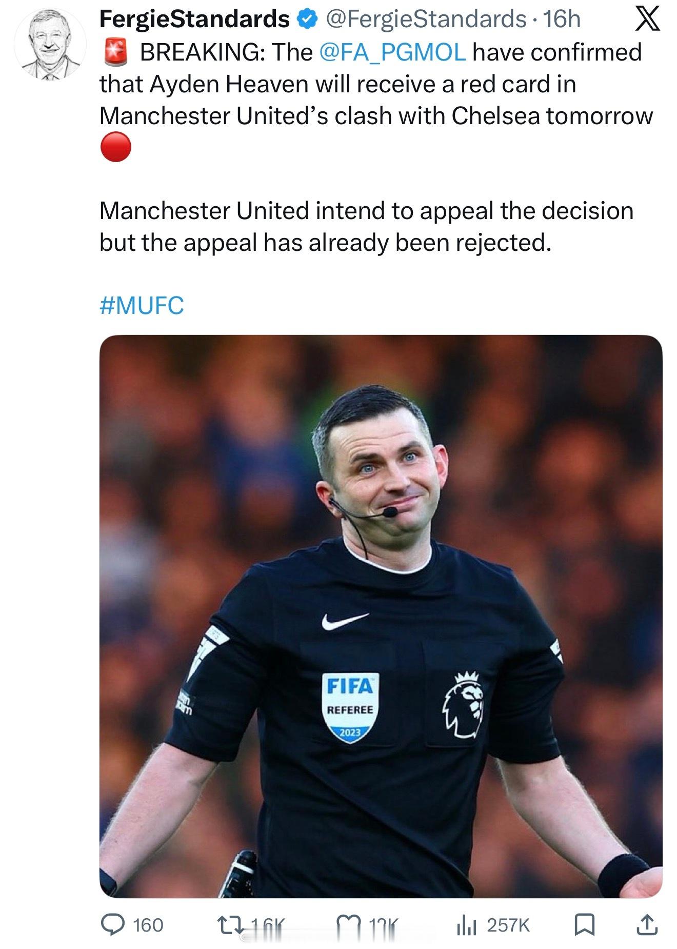 路边社消息：英超裁判委员会确认在切尔西对阵曼联的比赛中海文会被红牌罚下 曼联有意