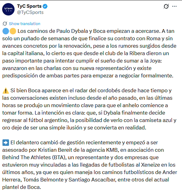 博卡记者Luis Fregossi：迪巴拉不会接受罗马的续约报价，他将在几天内发