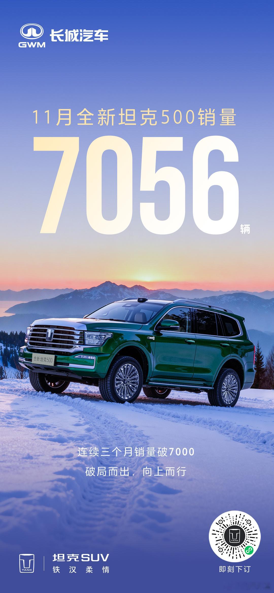 11月全新坦克500销售7056辆！连续三个月销量破7000感恩相伴，逐风而上！