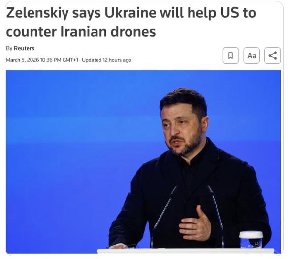 【乌克兰将在数日内部署专家，帮助美国在中东的基地抵御伊朗无人机袭击。】基辅方面收