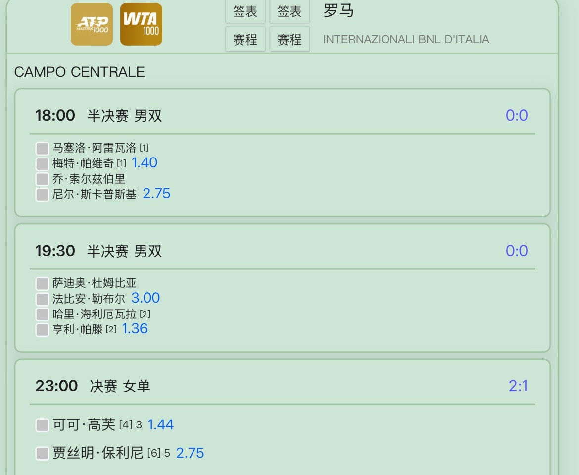 罗马公开赛今日赛程安排。 ​​​