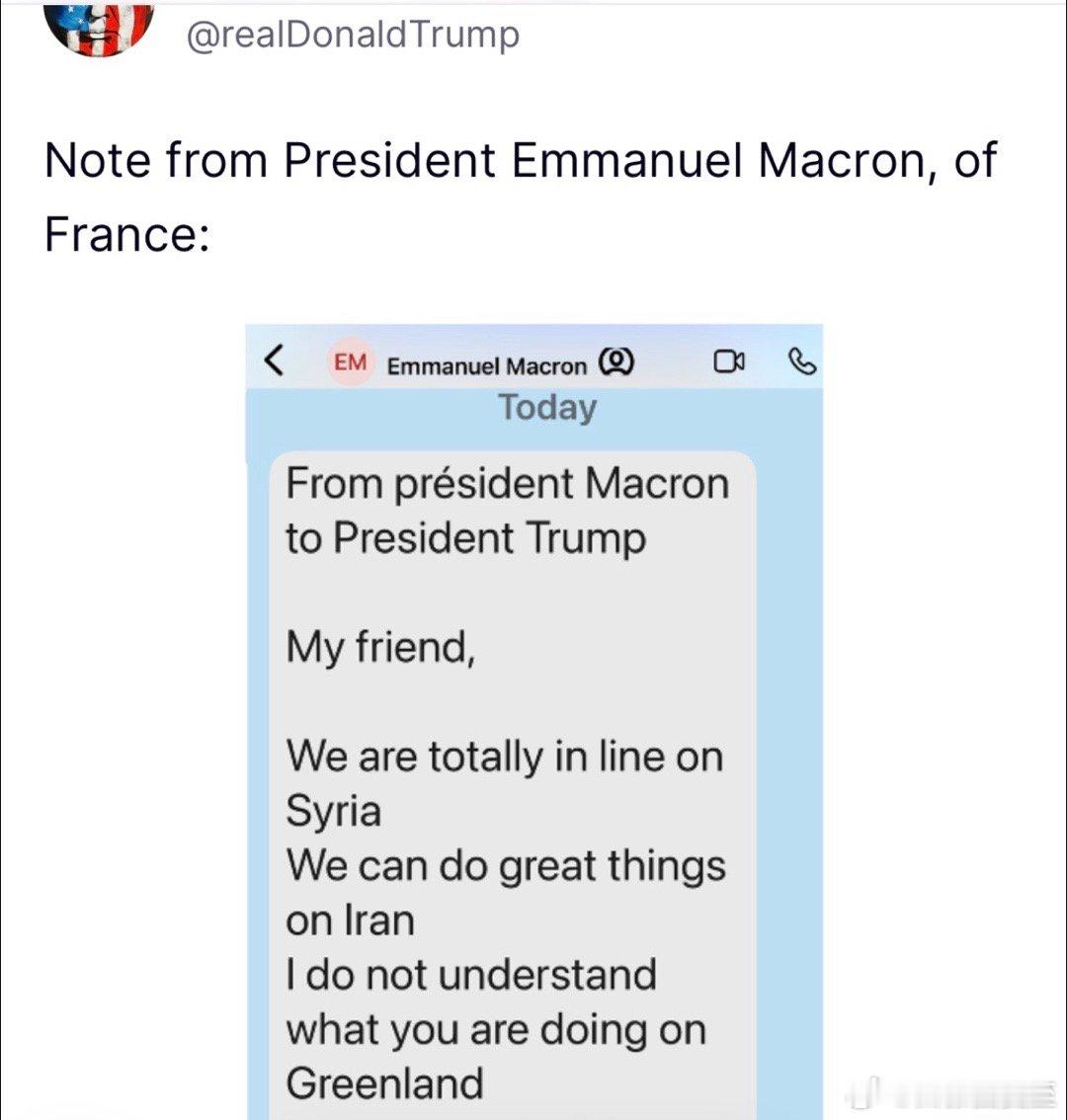 美国总统开始在自己的社媒账号上，公布世界领导人发给他的短信✉️法国总统：我的朋友