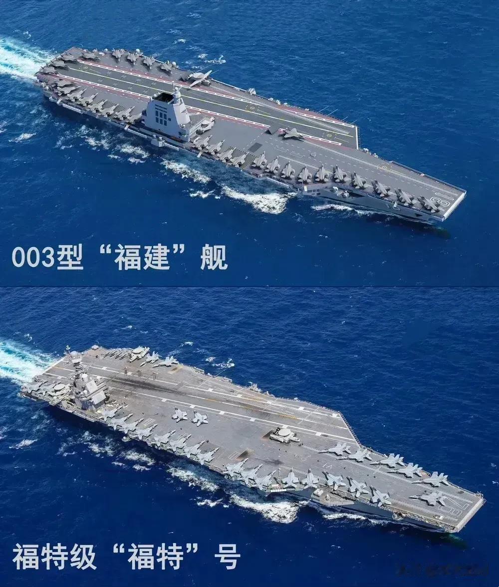 中美最强航母对比图，我们还需努力。
我们通过对比可以看到，美国航母的甲板面积及舰