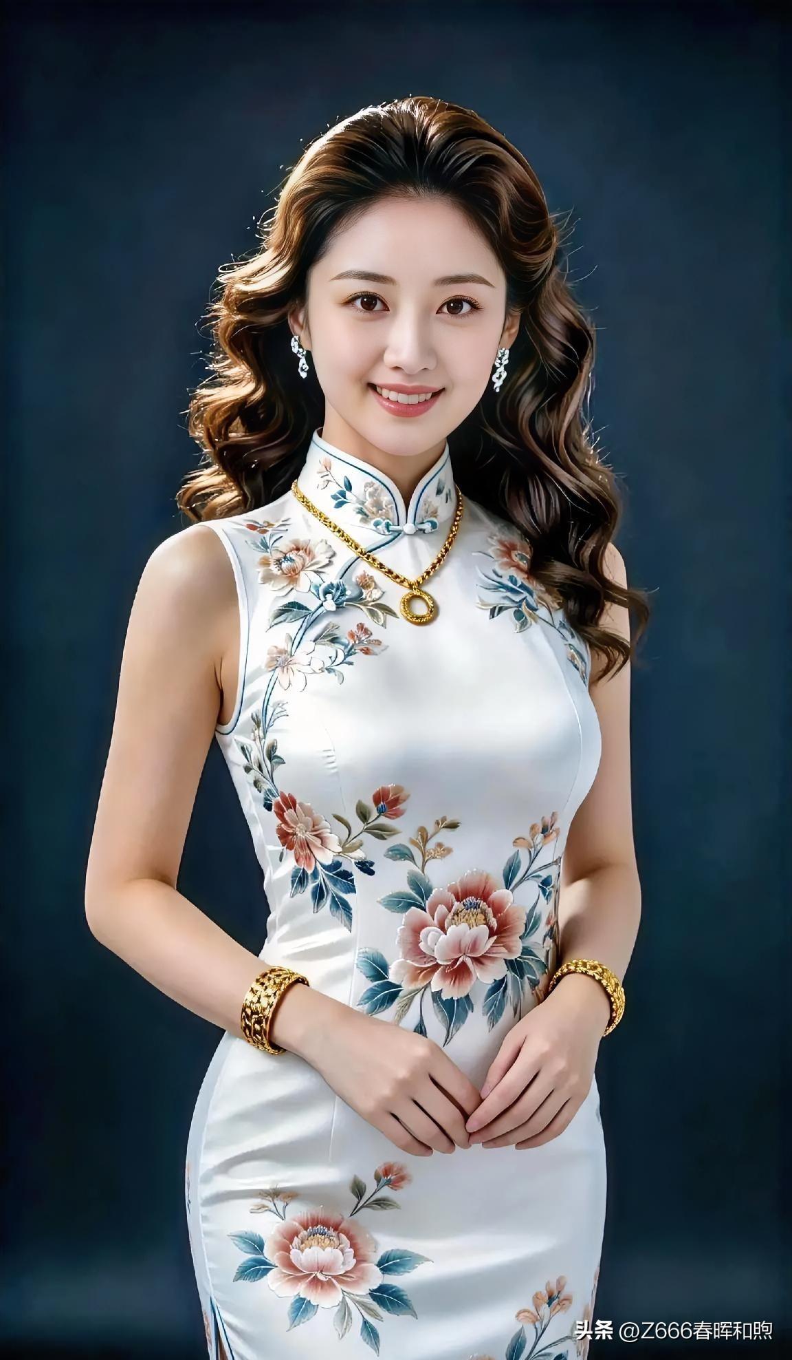 素雅旗袍绘繁花，金饰点缀温婉笑靥，东方气韵在身段间优雅流转。