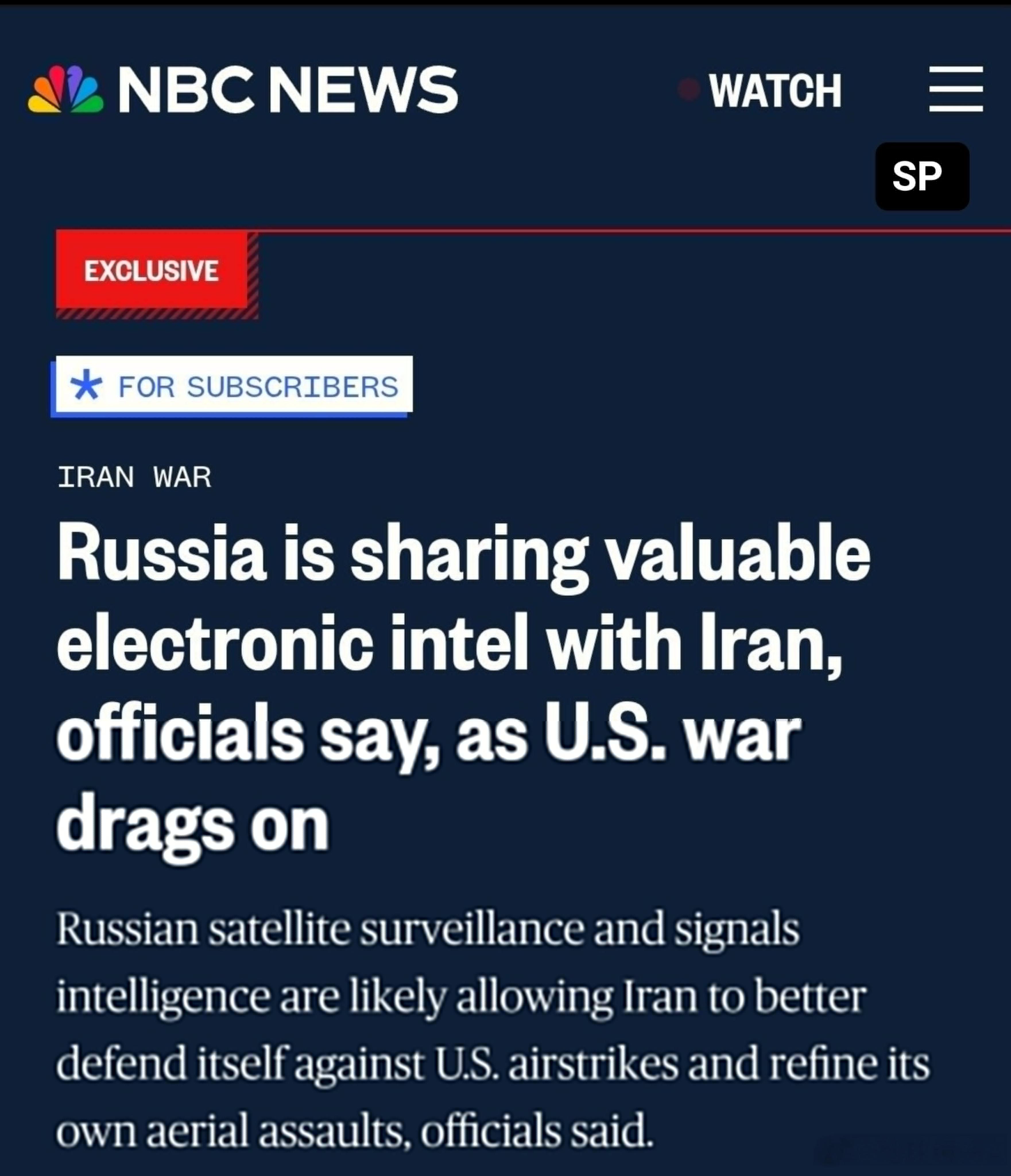 NBC说根据美国和欧洲情报官员提供的消息，俄国人正在向伊朗提供卫星图像以及电子战