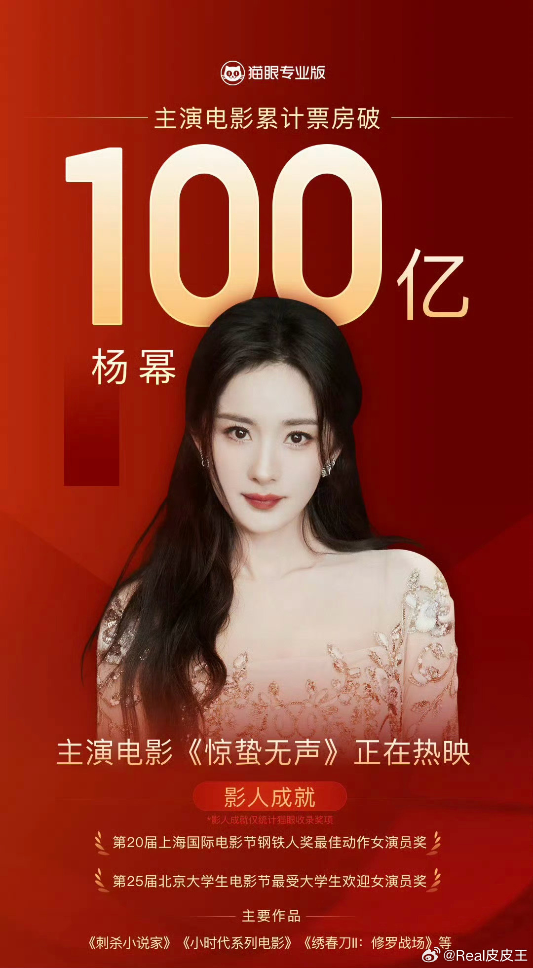 随着《惊蛰无声》票房突破11亿，杨幂主演电影累计票房突破100亿，是所有85🌸